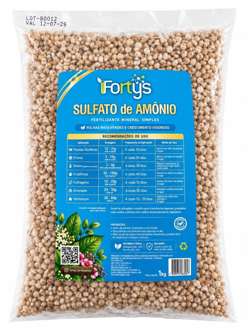Sulfato de Amônio FORTYS 1kg Fertilizante Mineral 21 Nitrogênio e 24 Enxofre para Hortas, Frutíferas, Gramados, Flores e Jardins